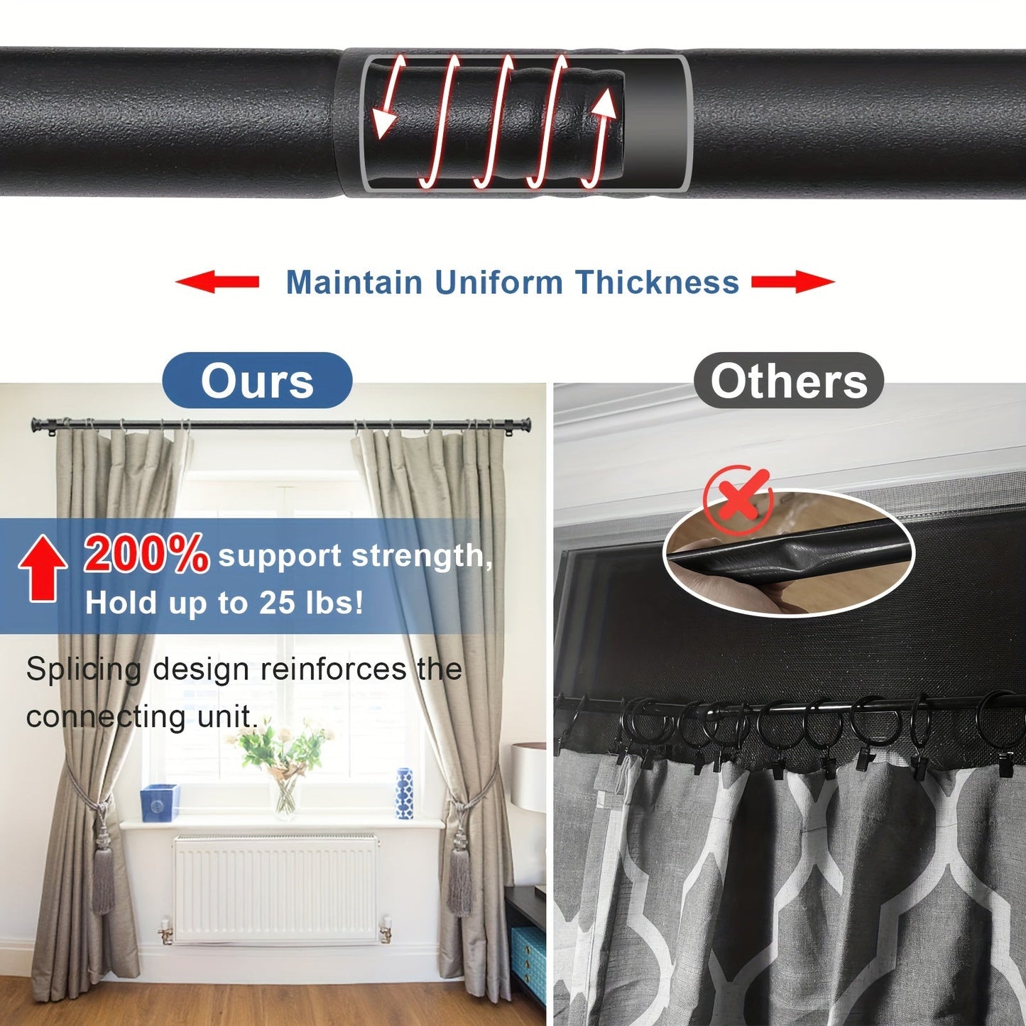 Adjust your curtains in style with this modern adjustable curtain rod set. The set includes a 30" to 87" 5/8" steel metal pole with brackets in a sleek matte black finish. This rod can support up to 11.34 KG and is perfect for adding a touch of elegance