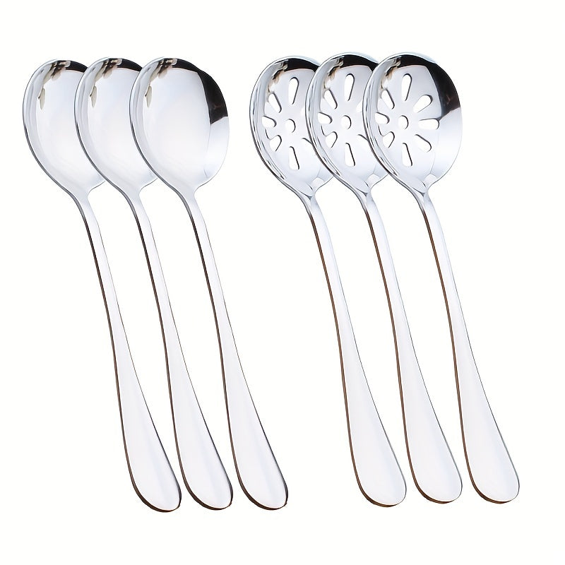 Six-piece stainless steel buffet dinner restaurant service spoon set includes three regular service spoons and three slotted service spoons in silvery color, perfect for party banquets.