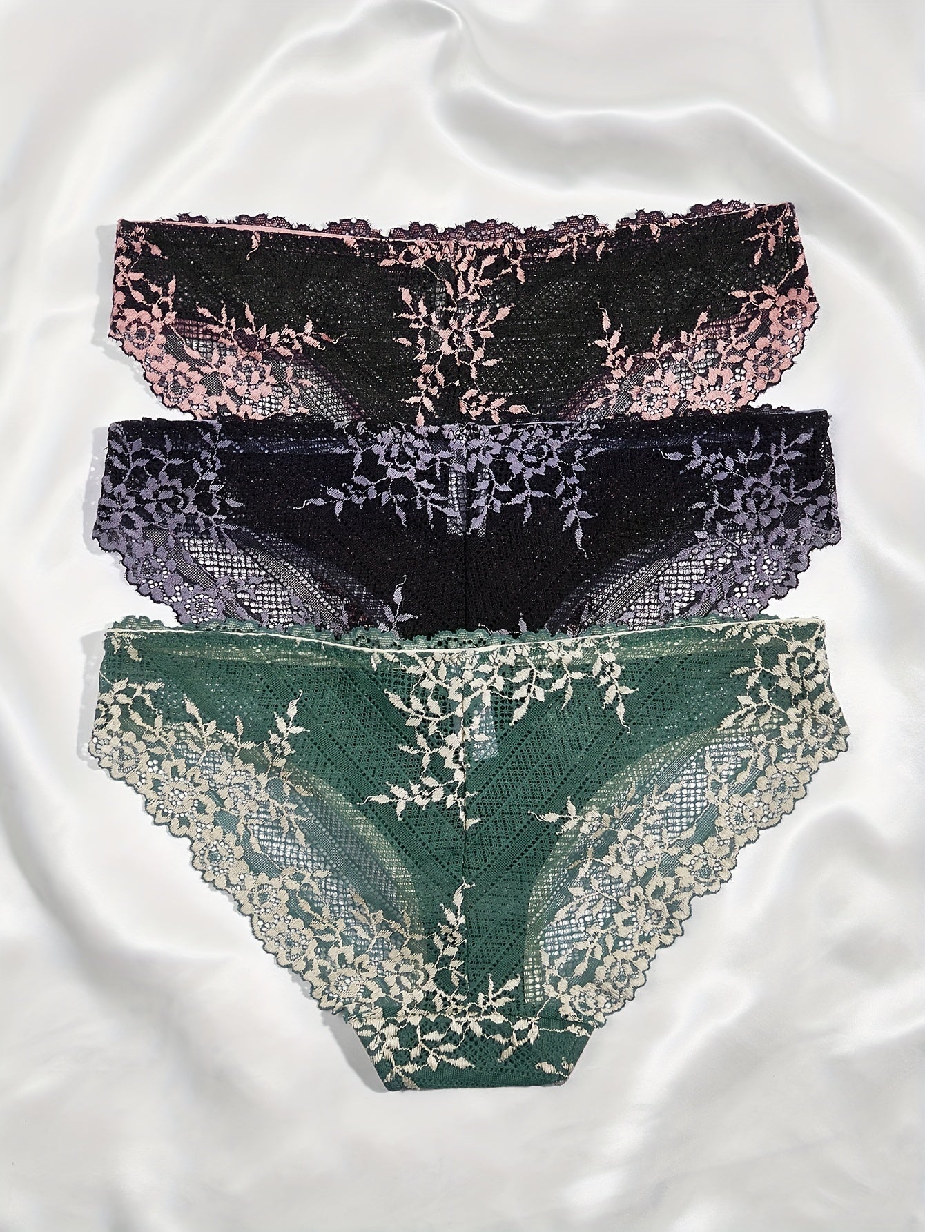 3 Contrast Lace Briefs, Comfy & Breathable, Stretchy Women's Lingerie & Underwear