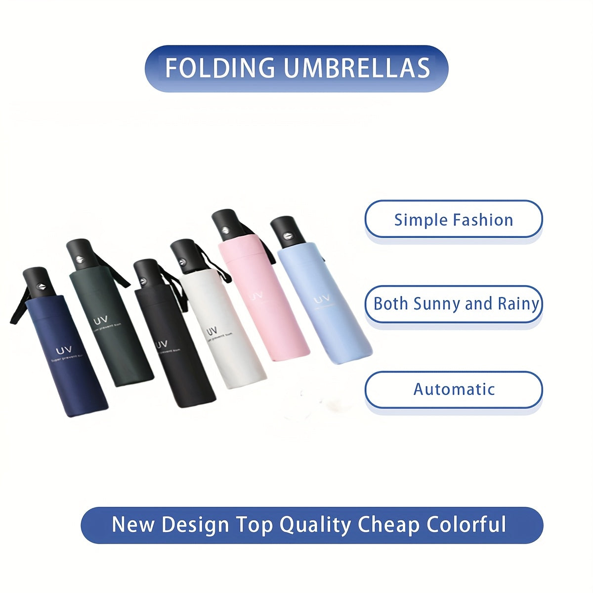 UV protection folding umbrella with automatic open, 8 ribs, durable iron frame, portable for sun and rain, casual minimalist style, made of plastic and pongee material with black coating