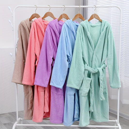 1pc Coral Fleece Bathrobe with Hood, Soft and Loose, Solid Color for Home and Bathroom Use