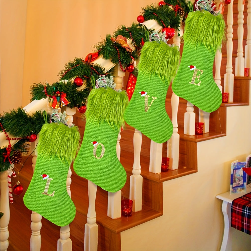 Modern Green Christmas Stocking with Custom Initial Embroidery, Perfect for Holiday Gifts - Single Pack