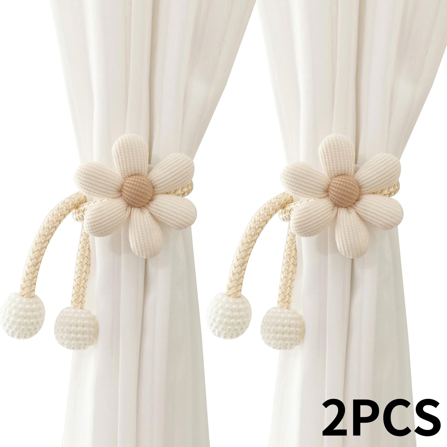 Elegant set of two curtain tiebacks featuring charming cartoon flowers and white faux pearl accents. No drilling required, making them ideal for bedrooms, living rooms, and children's rooms.