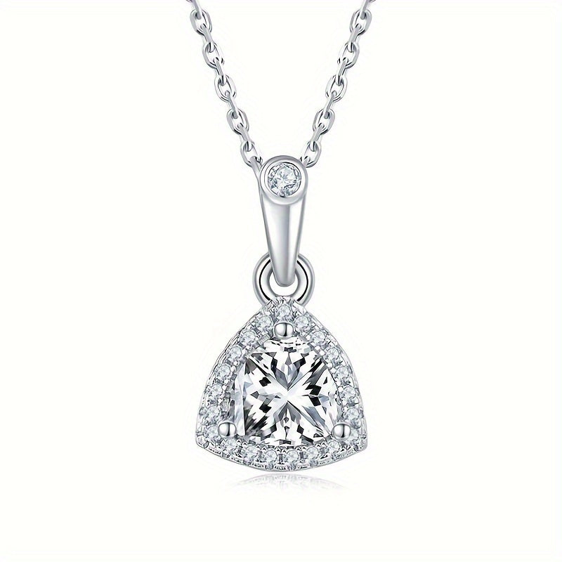 Sleek and sophisticated S925 silver-plated triangle pendant necklace and earring set adorned with sparkling moissanite gems. The perfect choice for an elegant party or birthday gift for teenage girls. Also ideal for holiday or party decorations, bridal