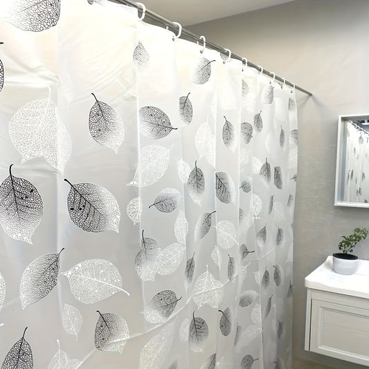 Waterproof shower curtain with leaf pattern and hooks. Easy to clean plastic, decorative bathroom accessory. Great holiday or New Year gift.