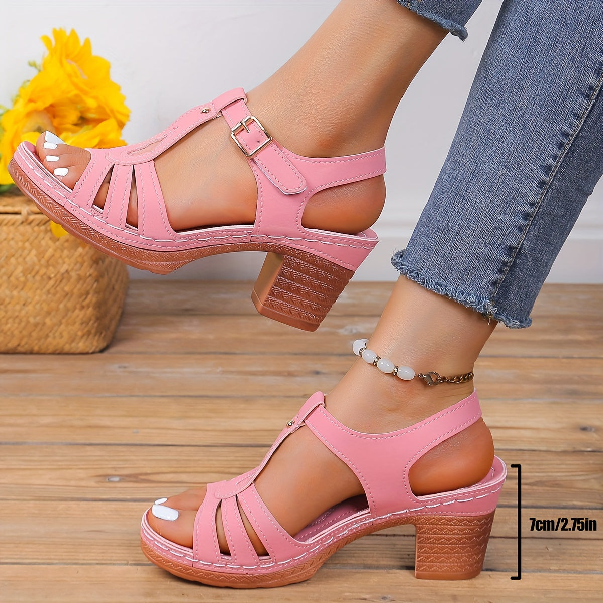 Stylish women's sandals with solid color, T-Strap high heels, and non-slip chunky heels for summer.