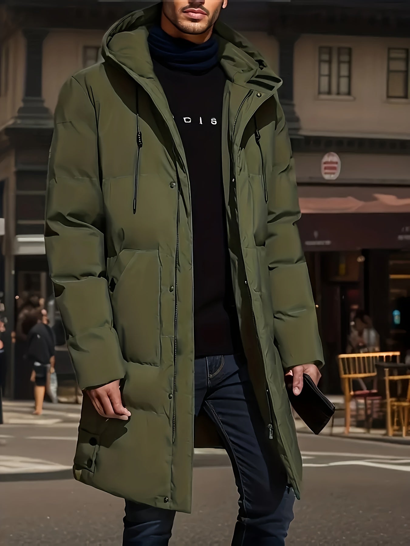 Men's casual hooded jacket made of 100% polyester with a solid color, regular fit, non-stretch fabric, zipper detail, and warm winter coat features.