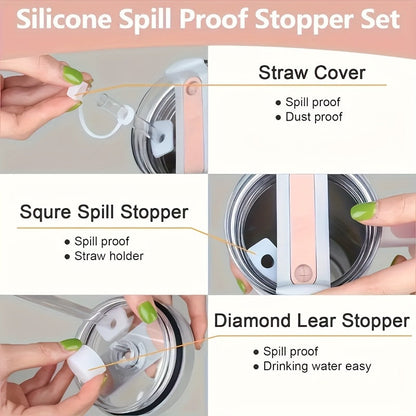 The Silicone Spill-Proof Set includes 6 pieces, ideal for both kitchen and home use. Features leak-proof straw caps and spill stoppers for added convenience.