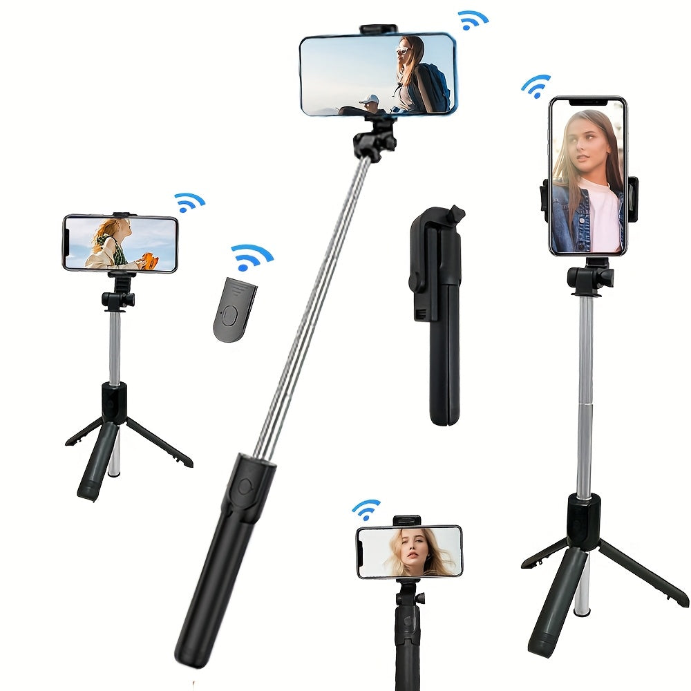 Portable selfie stick tripod with wireless remote control and 360-degree rotation, compatible with Apple iPhone, Samsung, and Android smartphones.