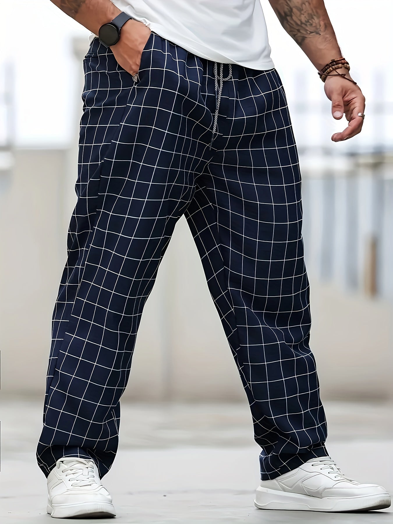 Men's Casual Plaid Jogger Pants in PLUS SIZE, made of woven polyester with drawstring waist, relaxed fit, and machine washable for all-season comfort.