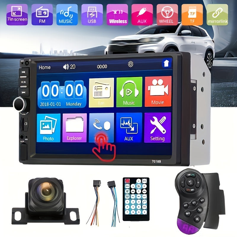 QueenDer 17.78cm Double Din Car Stereo with Backup Camera - Wireless, USB, AUX-in, TF Card Slot, Mirror Link for Android Phones