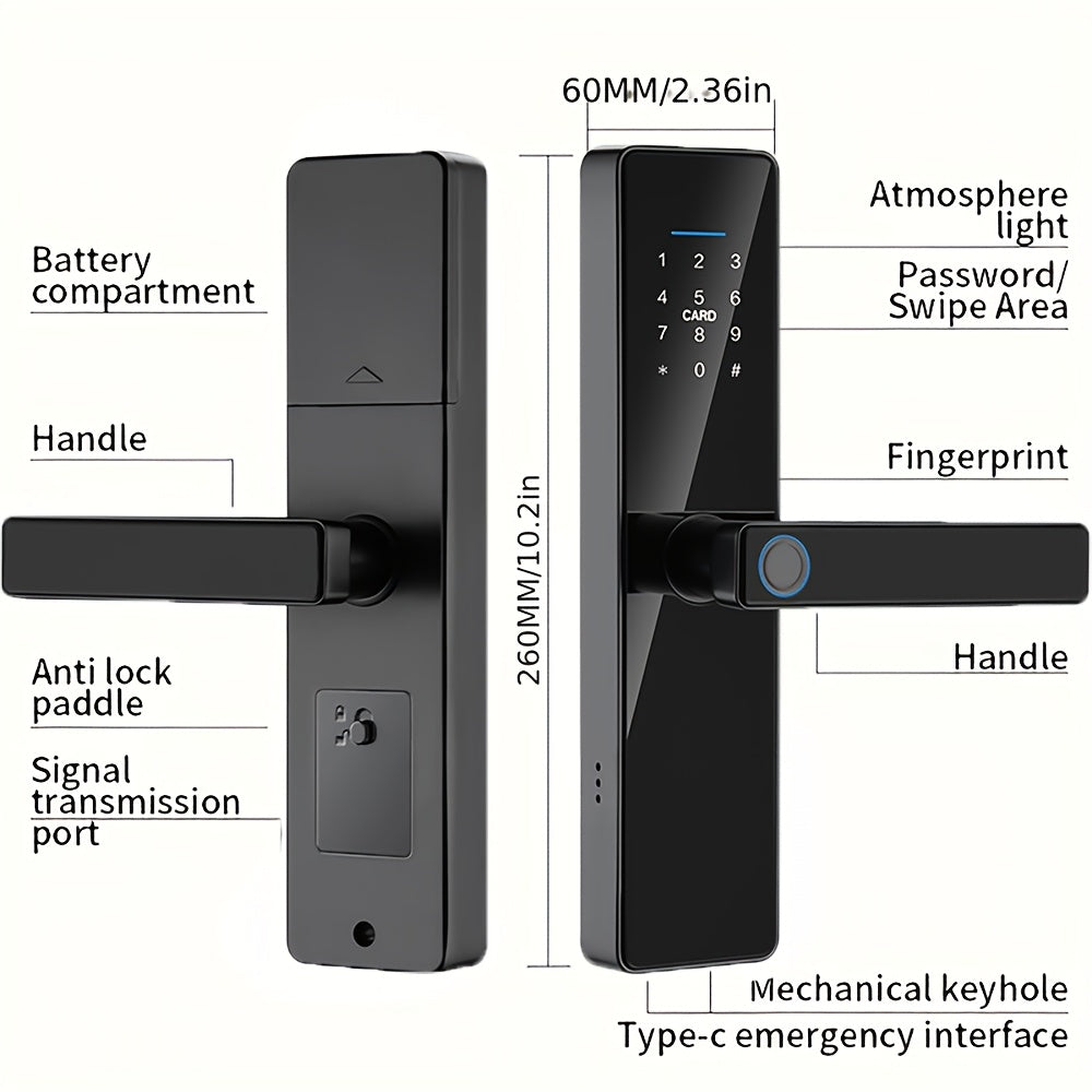 Smart keyless entry door lock with app for easy installation, featuring fingerprint and digital password access.