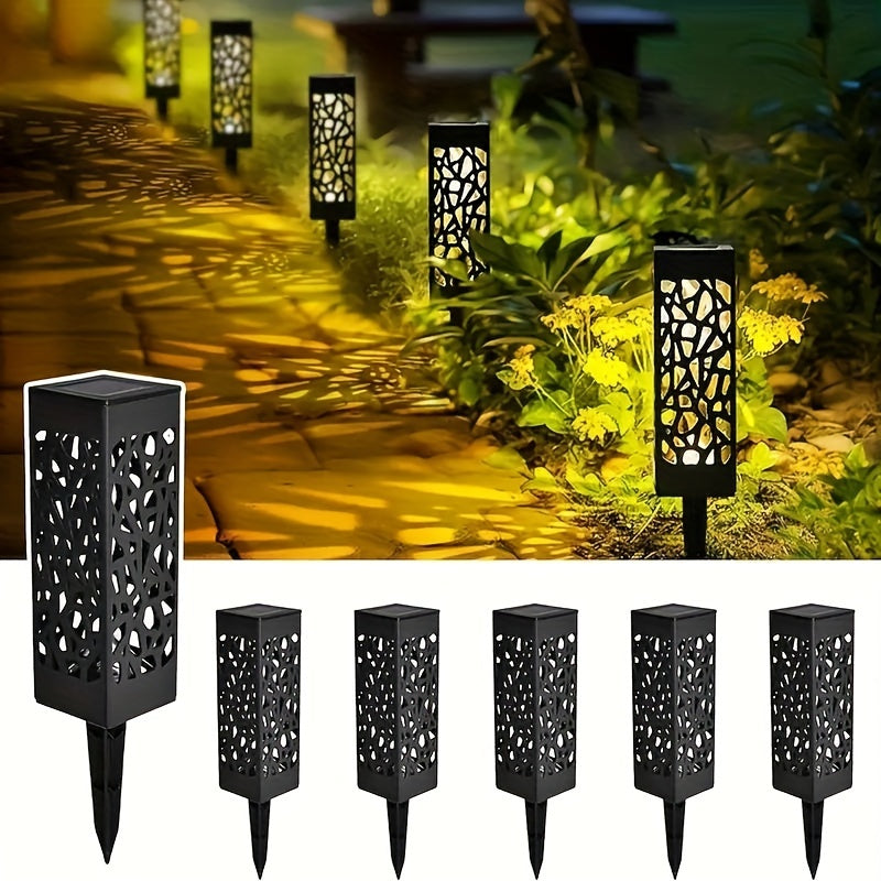 6-Pack Solar Path Lights with LED landscape lighting. Low-voltage, solar-powered with detachable fixture. Plastic lamp shade and solar battery included. ≤100 Lumen output.