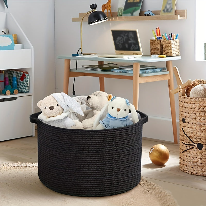 Large storage basket made from woven rope, perfect for blankets in the living room, toys in the children's room, dirty laundry in the laundry room, and bedroom organization.