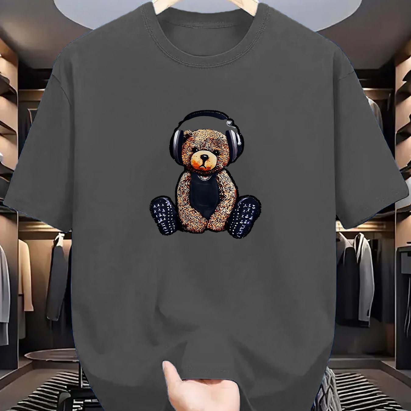 Men's Dark Green T-Shirt with Teddy Bear & Headphones Graphic - Stretchy, Breathable Polyester Tee - Perfect for Summer Outdoor Activities