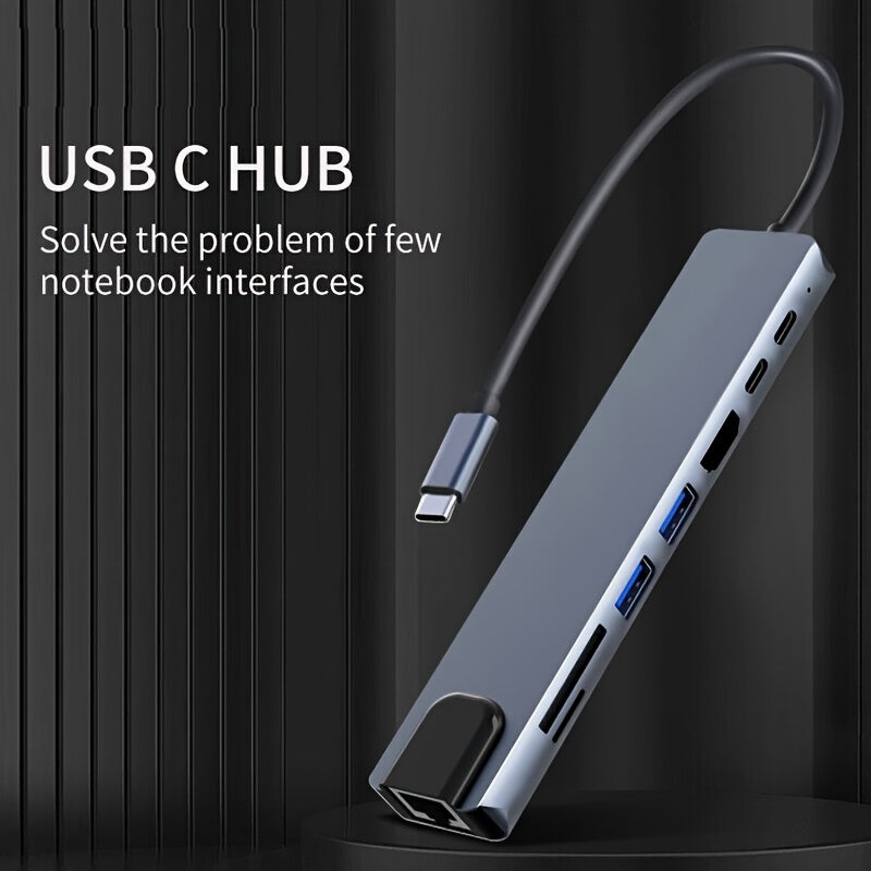 Compact USB-C Hub with 8 functions including 4K HDTV, Ethernet, USB 3.0, PD Fast Charge & SD/TF Card Reader - Compatible with MacBook Pro/Air, iPad Pro, XPS, and Compact Desk.