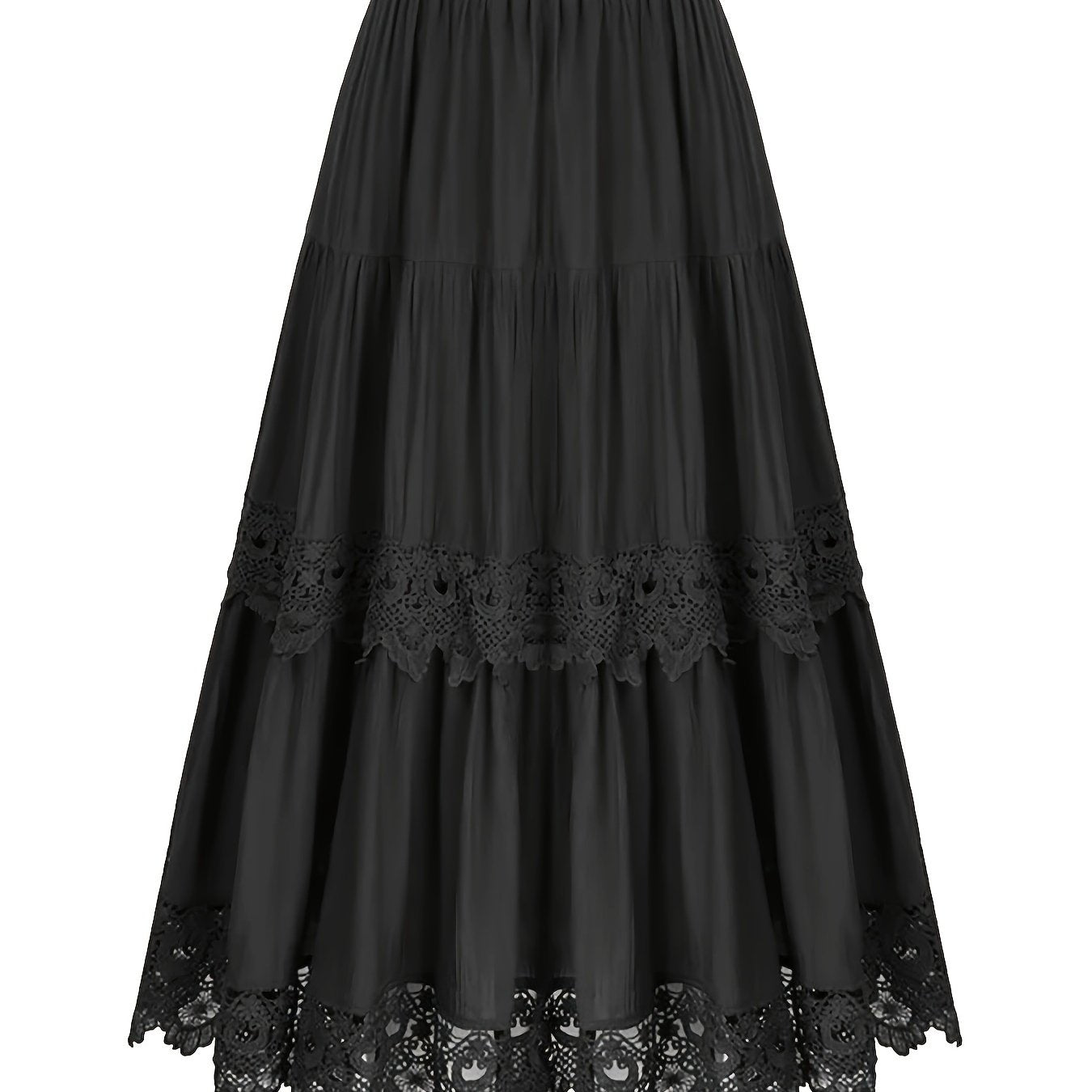 Plus size tiered skirt with lace detail, polyester, a-line, long, elastic waist, solid color, loose fit for all seasons.