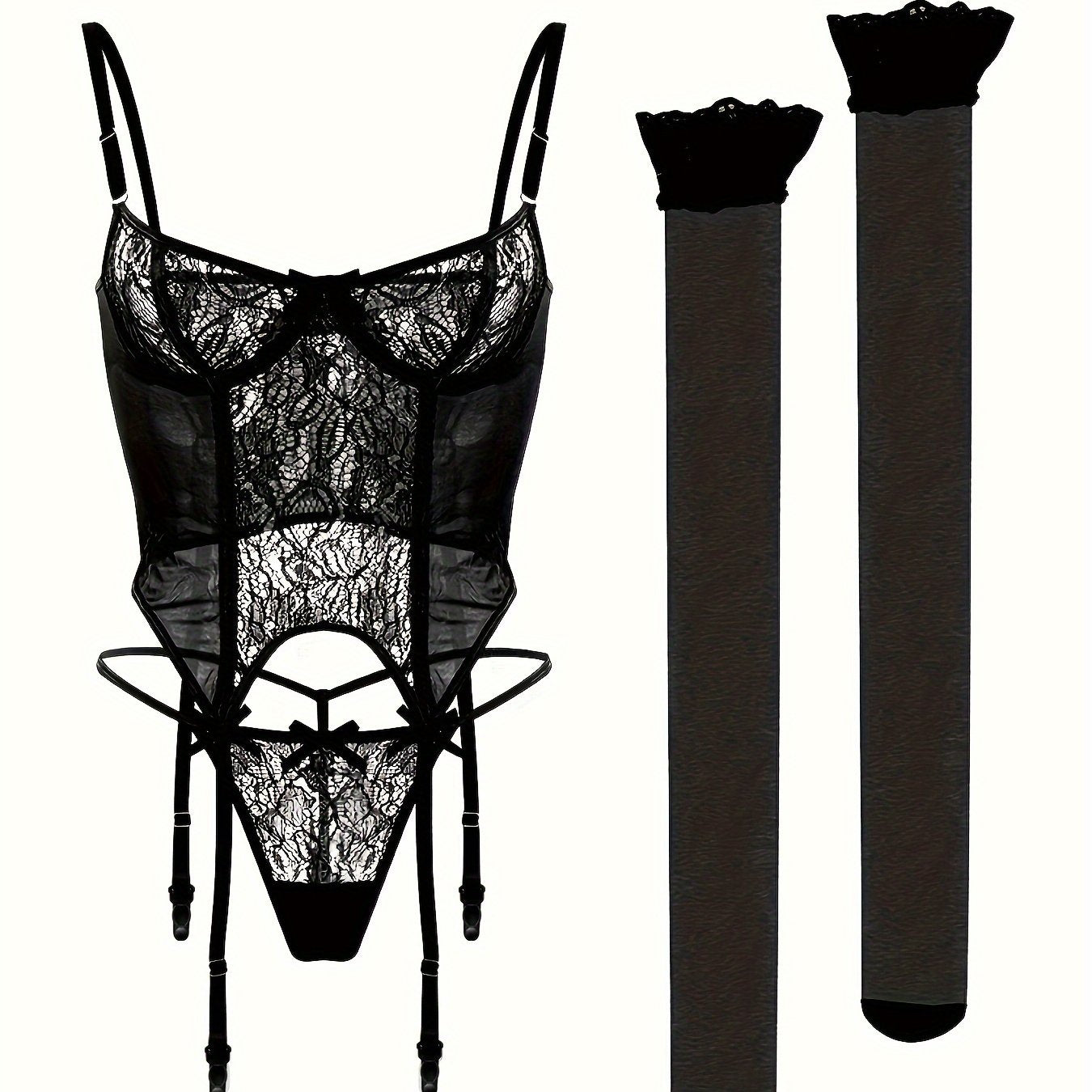 3-piece seductive lingerie set for European and American women with bodysuit, stockings, thong, and panties with steel ring.