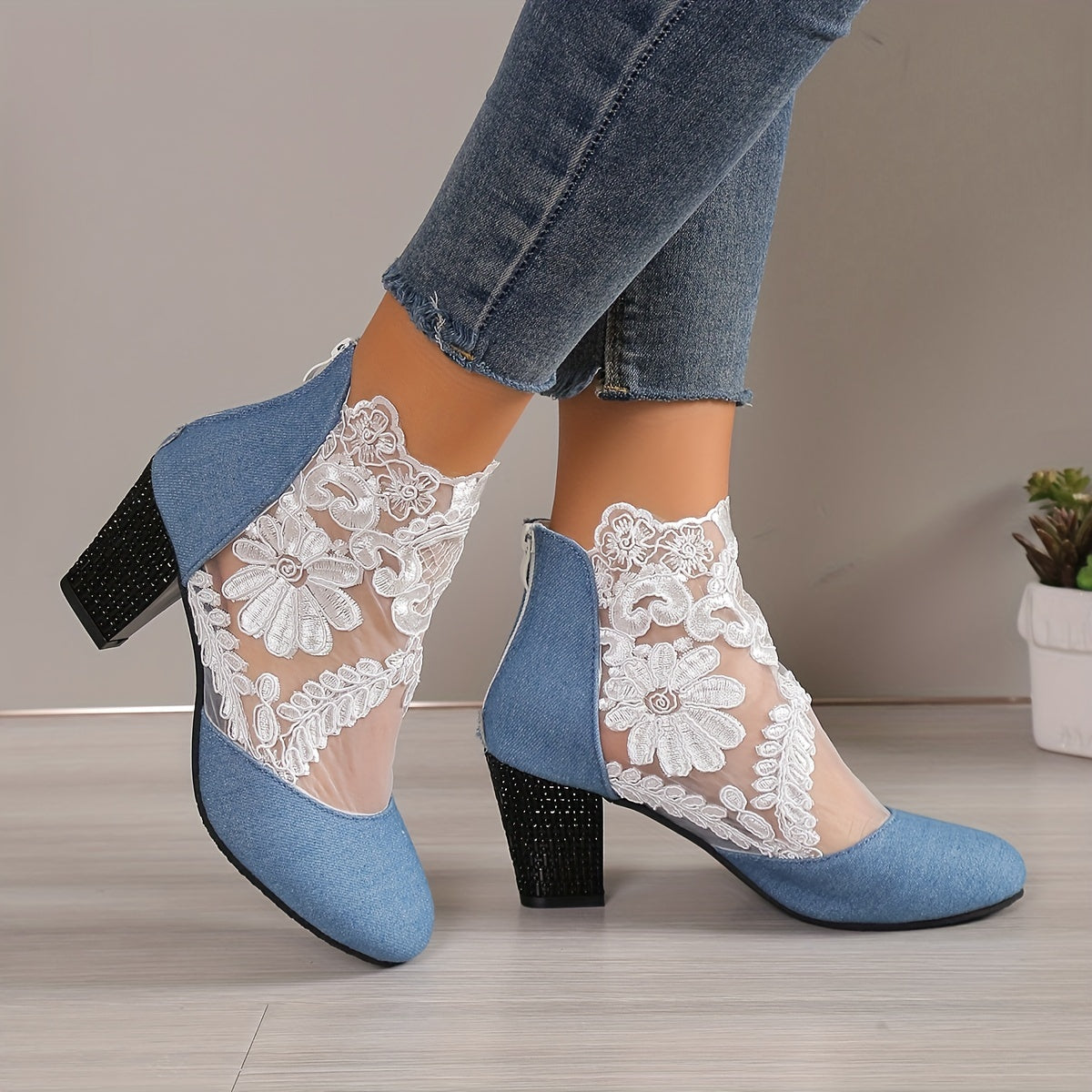 Mesh block heel boots with floral embroidered back zipper, versatile ankle boots for women.