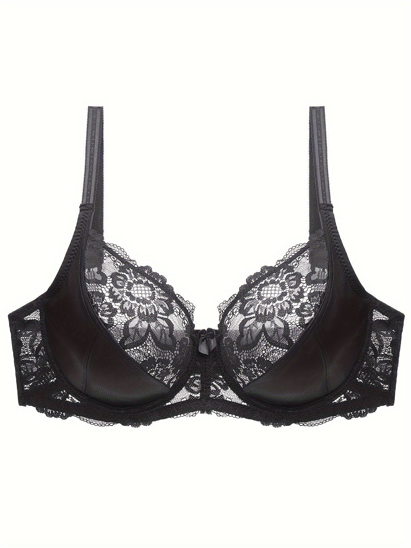 Elegant plus size bra with bow decor and contrast lace, underwired and non-padded.