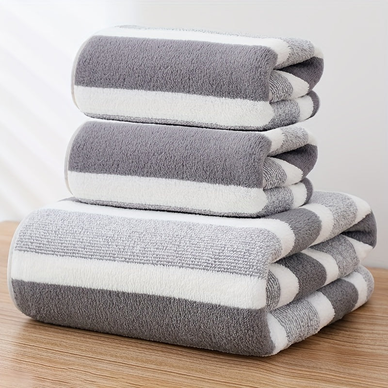 3-piece striped towel set includes 1 bath towel and 2 hand towels. Soft, absorbent, and quick-drying for the bathroom.