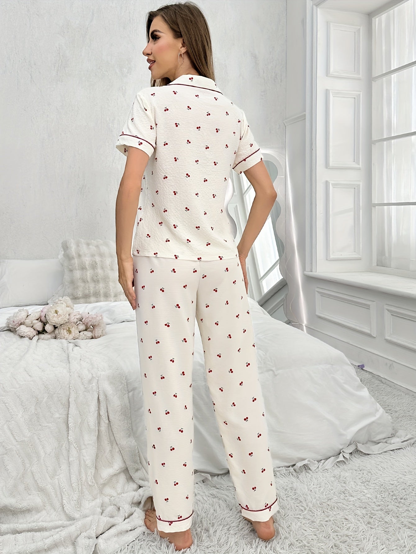 Women's Cherry Print Pajama Set with Short Sleeve Top & Elastic Waistband Pants