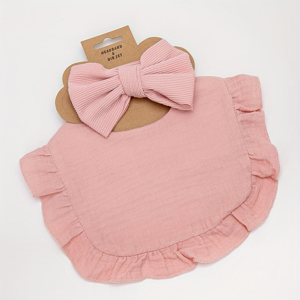 Set of 2 includes a lotus leaf bib and an elastic bow headband. The set also includes a plain color soft bib with snap button closure.