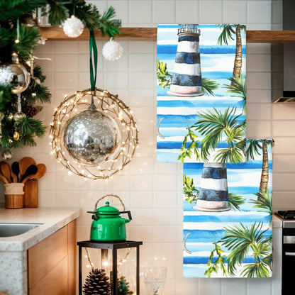 Set of 2 Tropical Lighthouse & Palm Tree Kitchen Towels - Made of Absorbent Polyester for Drying Dishes, featuring a Nautical and Beach Design. Perfect for Home Decor or Housewarming Gifts, but Hand Wash Only.