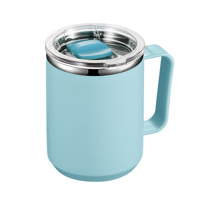 Insulated stainless steel coffee mug with handle and lid for office, outdoor, and school use.