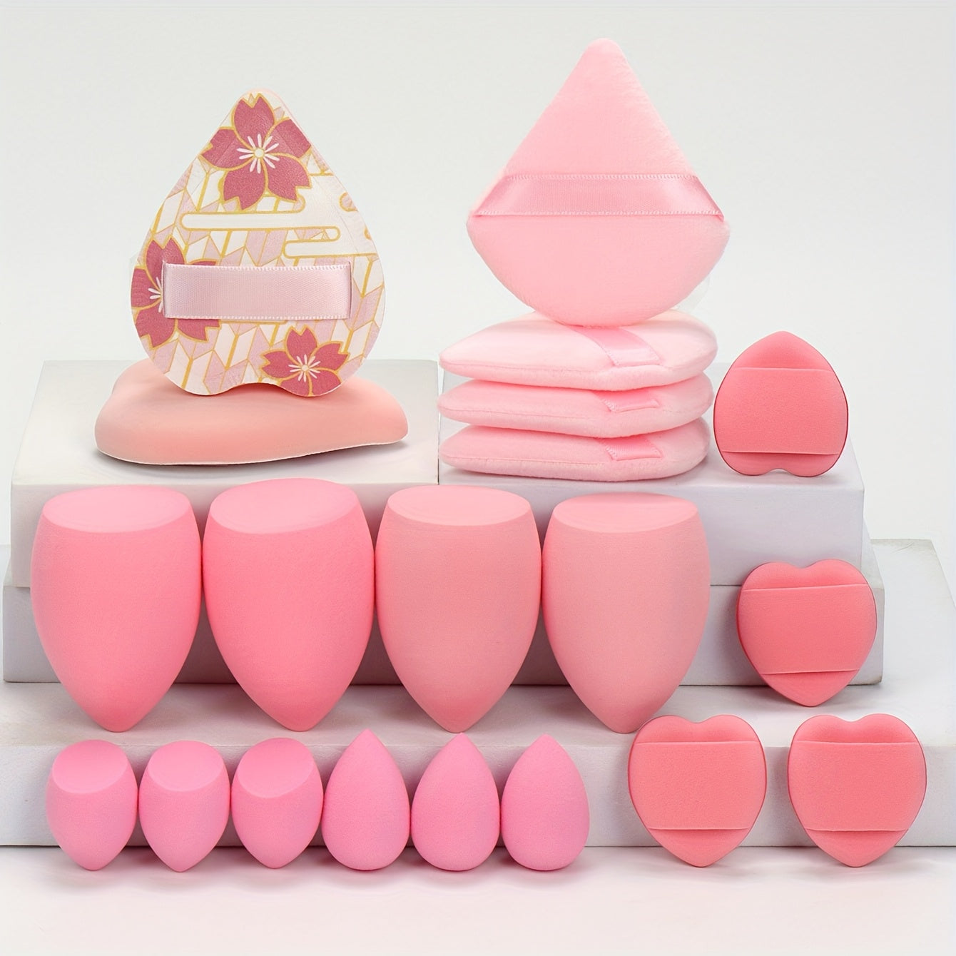 A 20-piece candy set includes various beauty sponges for blending makeup and covering imperfections. Latex-free and suitable for all skin types.