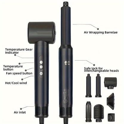 7-in-1 hair styling tool with 110000 RPM and 1400W power, includes diffuser, concentrator, volumizer, curling wand, and straightener brush.