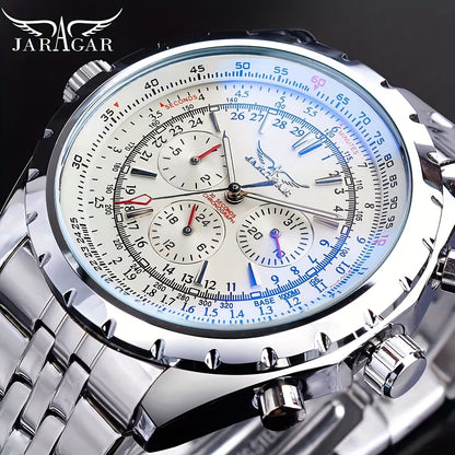 The Jaragar High-End Men's Watch is a stylish and functional mechanical timepiece made of stainless steel with a hollow design and large dial. It makes a suitable everyday gift due to its