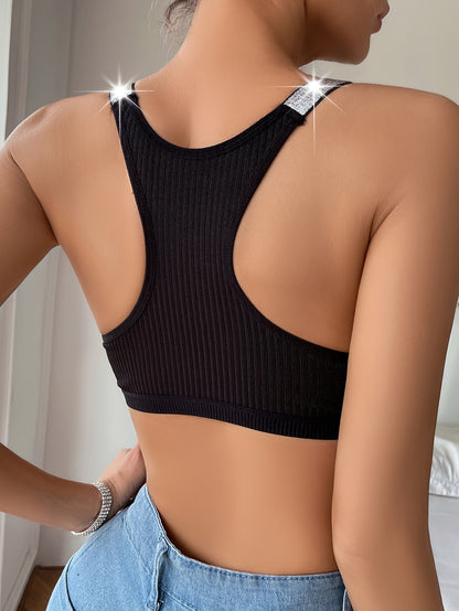 Sporty and breathable crop top with shiny straps, comfortable innerwear for women.