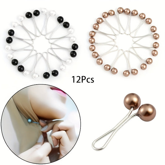 Set of 12 U-shaped safety pins with faux pearl beads for headscarves, shawls, and hijabs in simple style.