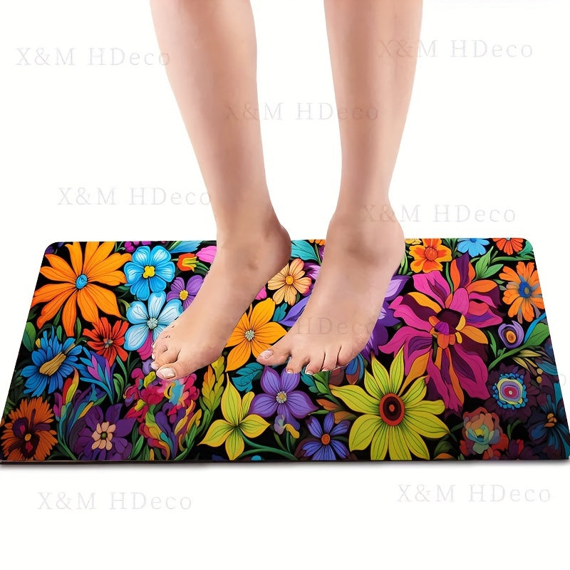 This Vibrant Floral Kitchen Mat is 1 piece, measuring 0.8mm thick. It is soft and thickened, making it perfect for use in the laundry room, bathroom, living room, or bedroom. The mat features a colorful flowers design and is made of 100% polyester. It is