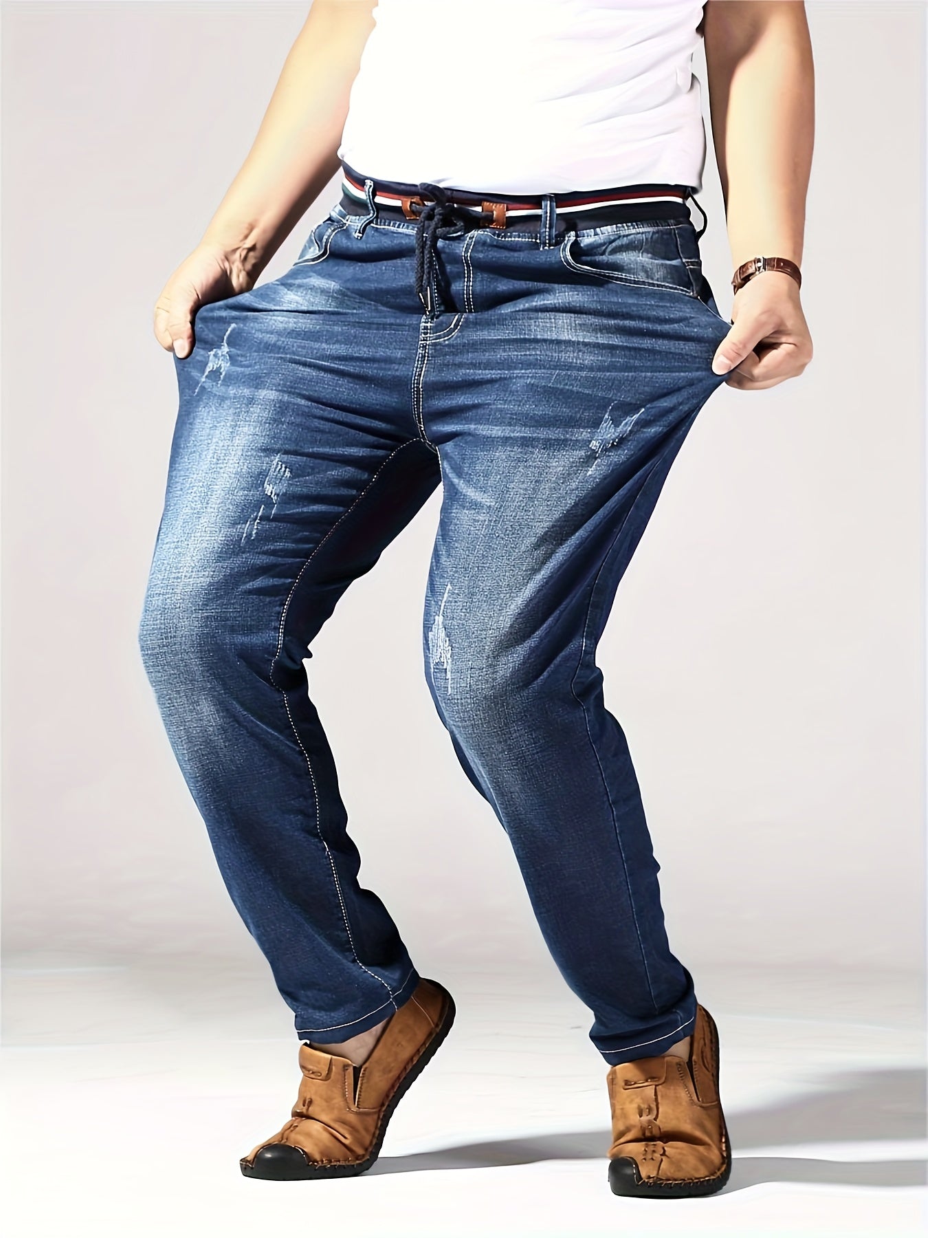 Plus Size Men's Slim Fit Jeans with Stretch Cotton Blend, Ribbed Waistband, Belt Detail, All-Season Denim