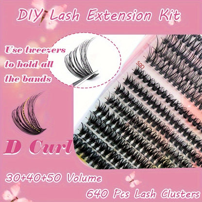 DIY lash extension kit includes 640/280pcs D curl individual lashes in 9-16mm lengths for a wispy manga look at home.