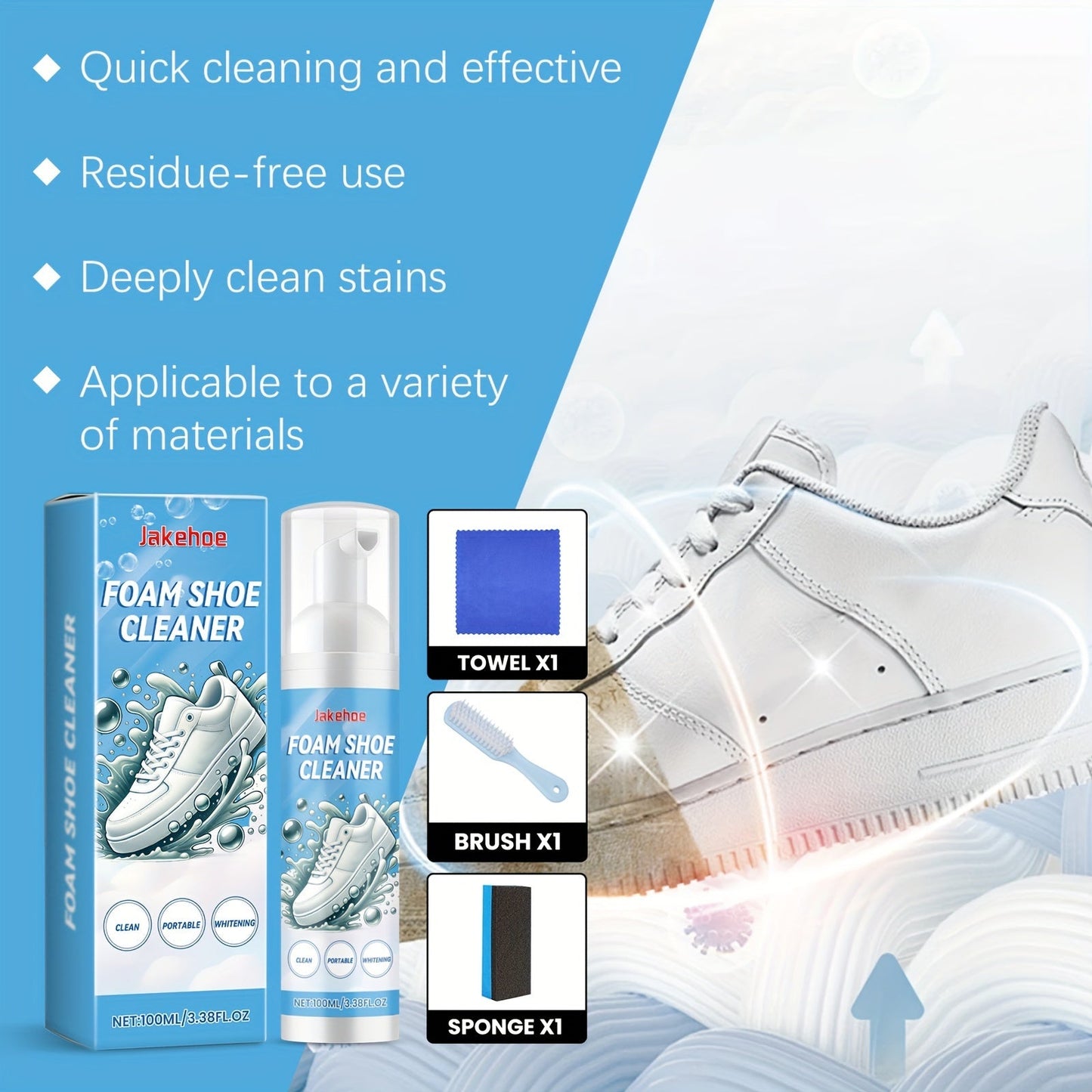 Introducing Jakehoe Foam Shoe Cleaner, a gentle formula designed for deep stain removal. This residue-free liquid cleaner features sodium bicarbonate and is safe for use on various materials, including canvas. Each 1L bottle comes with a towel, brush