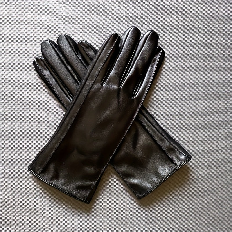 Warm Women's Gloves for Outdoor Driving, Windproof with Plush Lining in Solid Color PU Leather for Winter