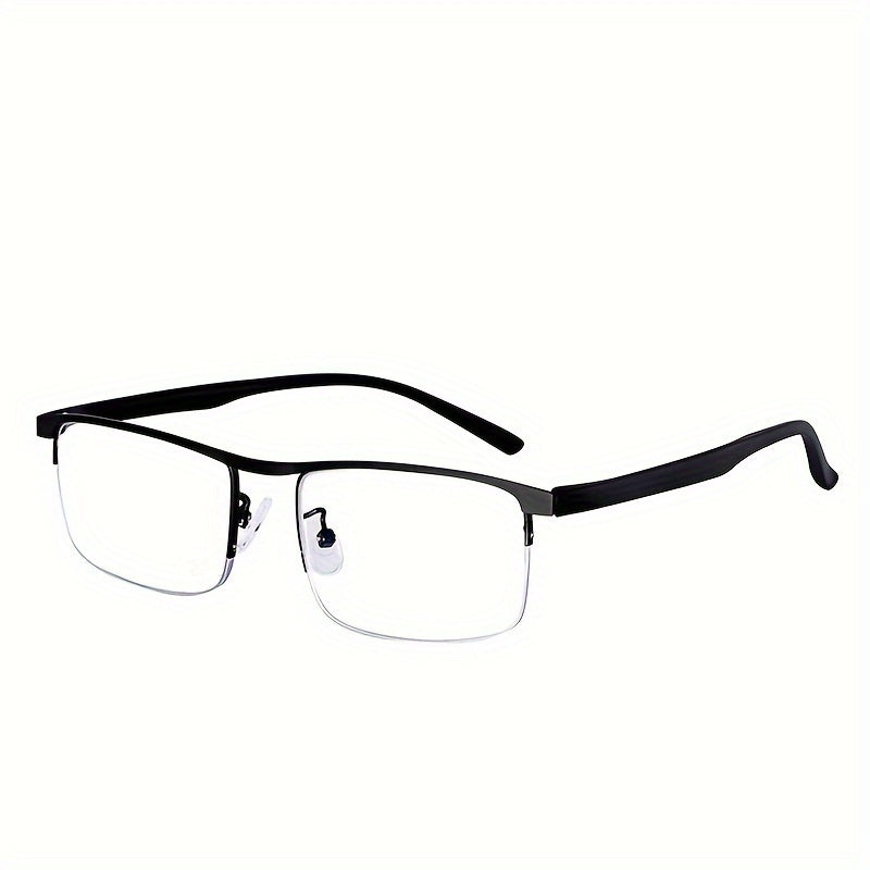 Automatic dual-purpose multi-focus reading glasses for men and women with anti-blue light technology and half-frame design.