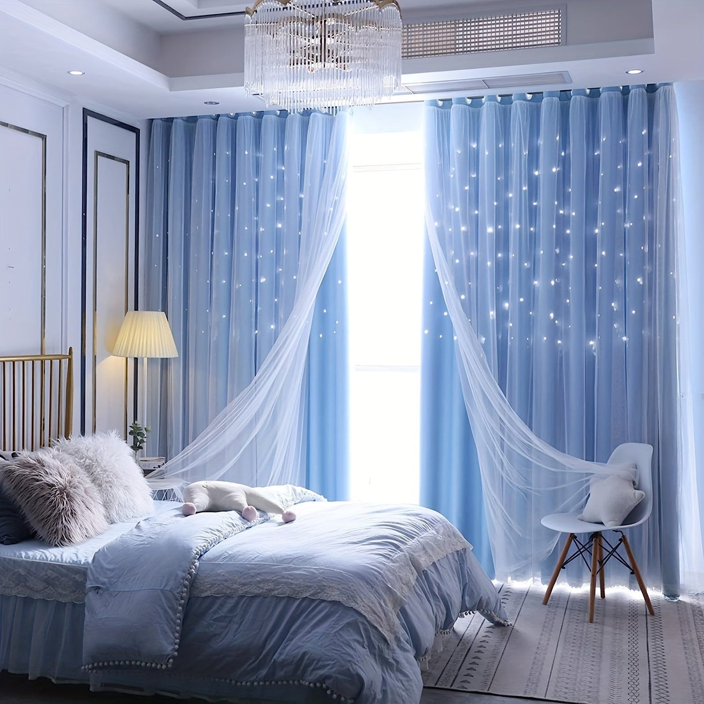 Upgrade your living space with our Modern Hollow Star Curtains. With two layers of soft, breathable fabric, they are perfect for adding a touch of elegance to your living room, bedroom, or study room decor.