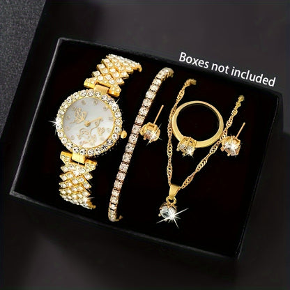 6-piece women's golden-toned quartz watch & jewelry set with rhinestone detailing, includes wristwatch, necklace, bracelet, ring, and earrings, ideal gift set with vintage style.