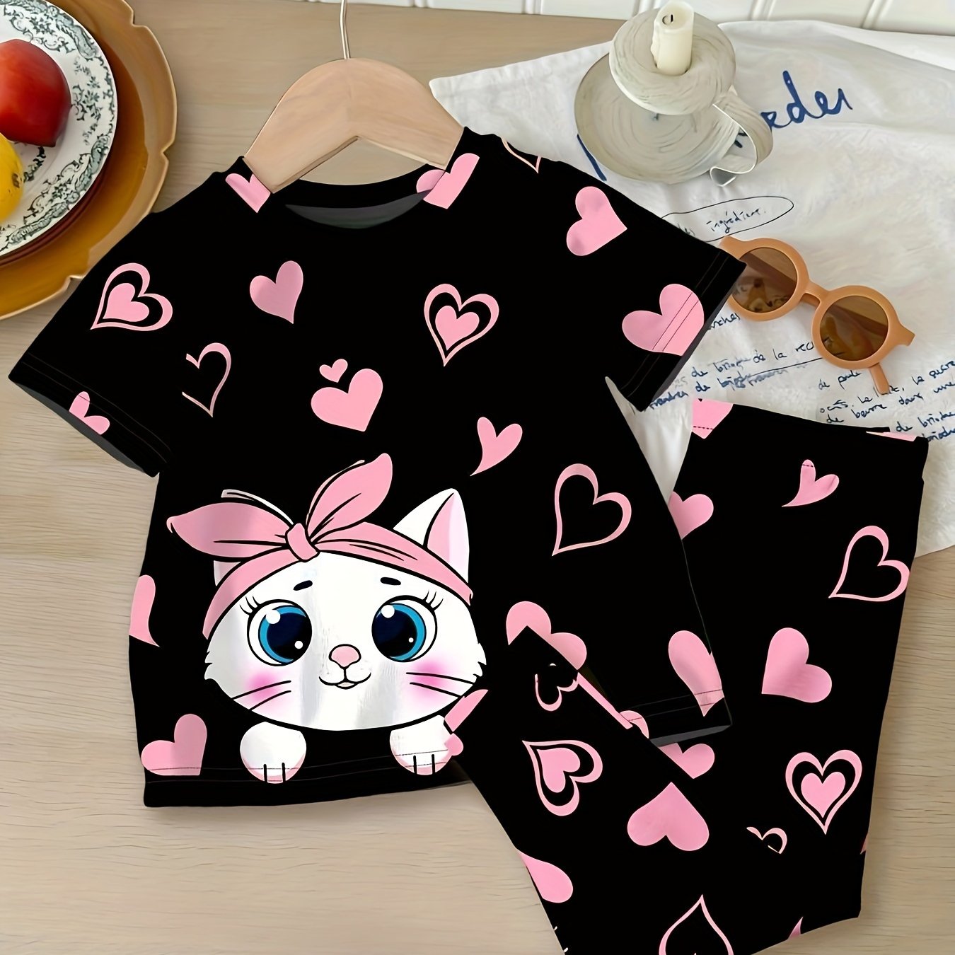 [2pcs Cartoon Cat & Heart Print Casual Outfit Set] Polyester knit top and bottoms for autumn, perfect for outdoor wear.