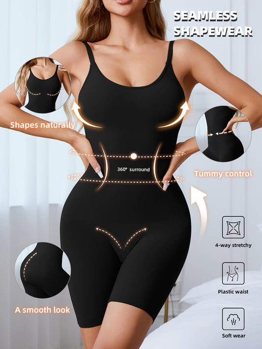 Women's high support black spandex bodysuit with seamless knit shaping, slimming body shaper without padding.