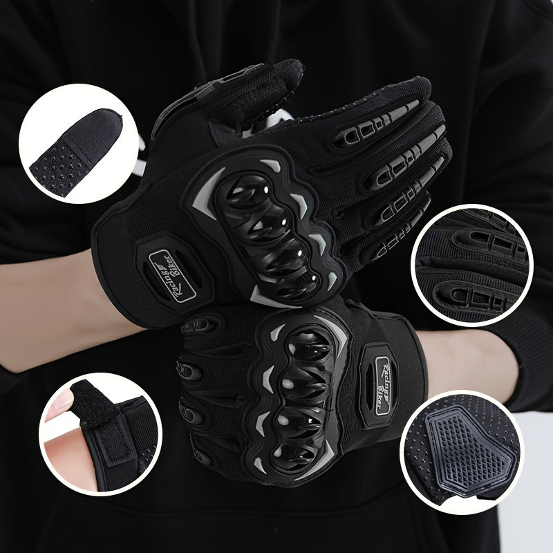 Spring and summer riding gloves made of knitted polyester with touch screen compatibility, hard shell protection, and hook & loop closure.