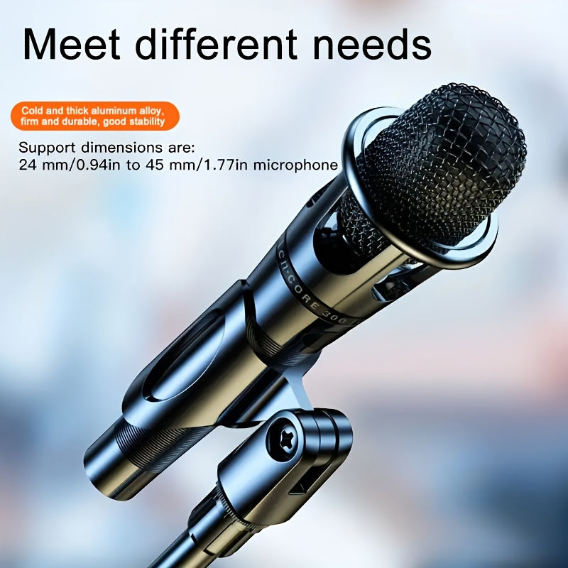 RodeoSonido Premium Microphone Stand with detachable tripod boom stand, clip holder, and metal base, ideal for singing, speeches, performances, weddings, and outdoor events.