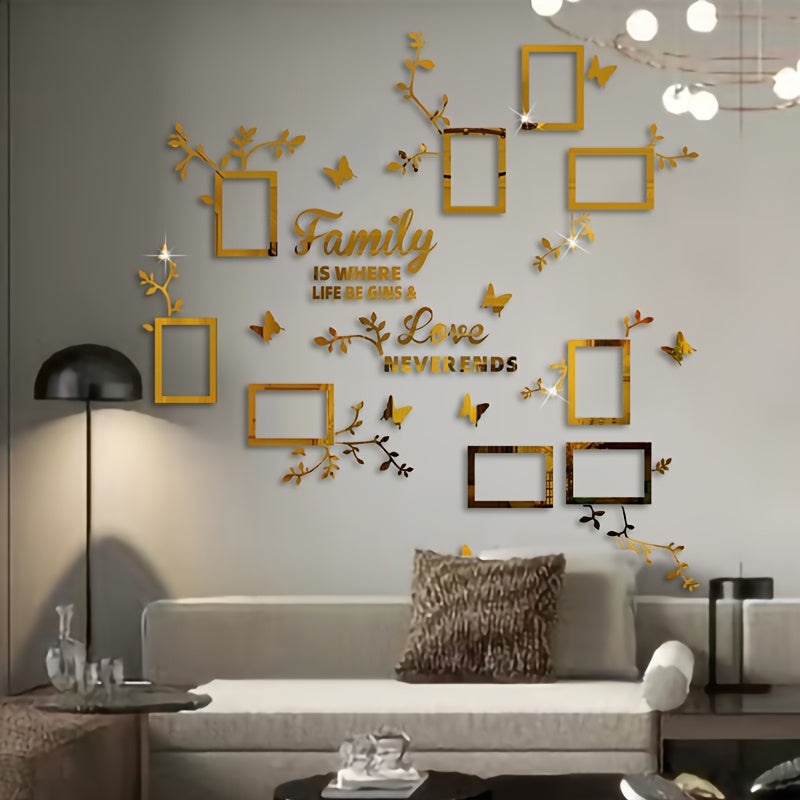 A puzzle sticker set with flower branches, butterflies, and 9 photo frames for DIY wall decoration in various spaces.