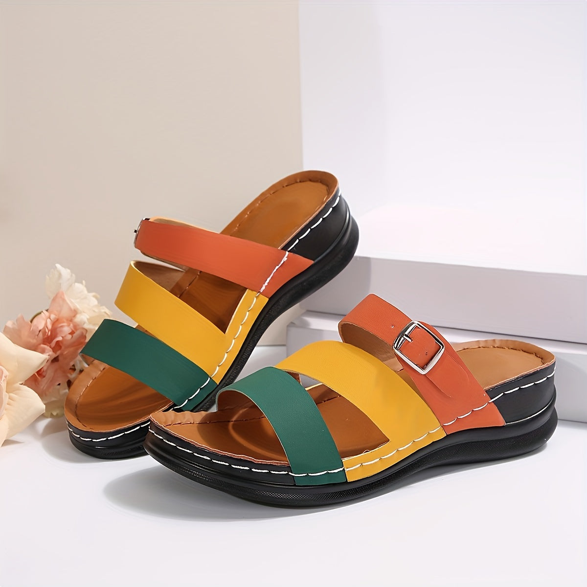 Colorblock slide sandals with thick sole and buckle strap in orange, green, yellow, black - stylish beach shoes.