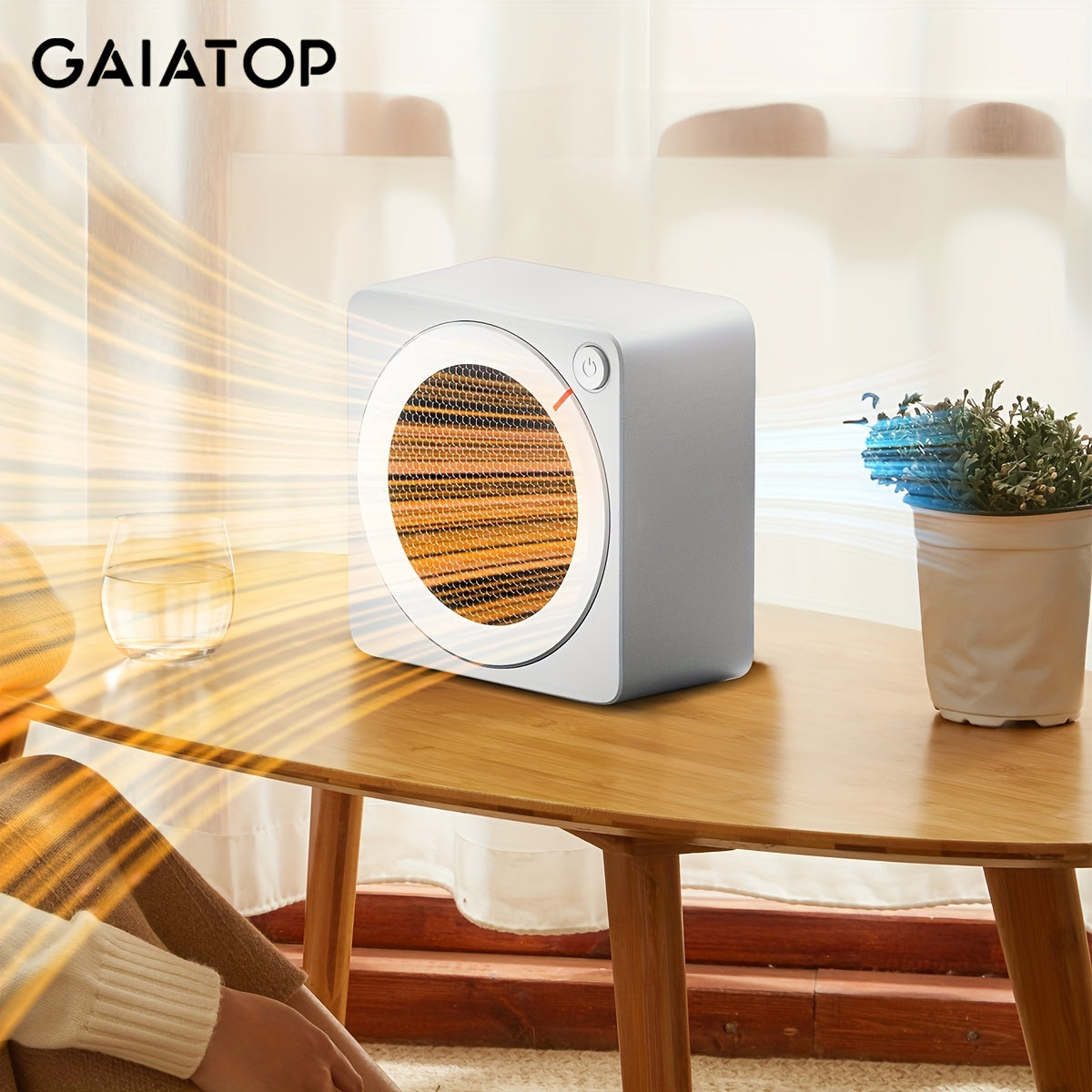 Compact GAIATOP space heater with thermostat, quiet fan, and energy-saving design for indoor use.