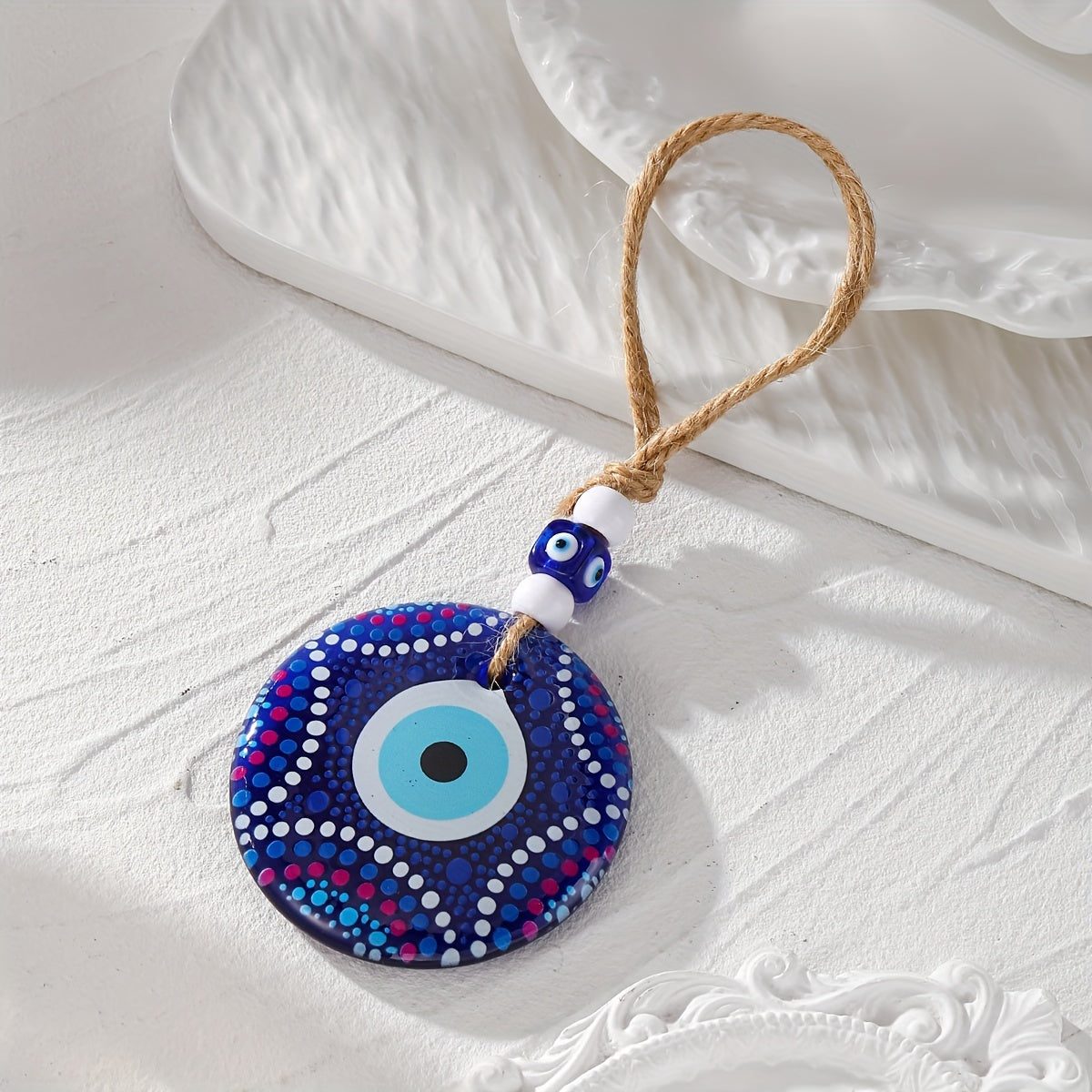 Trendy Evil Eye Keychain - Large Acrylic Evil Eye Charm on Hemp Rope, Stylish Accessory for Women's Car or Bag